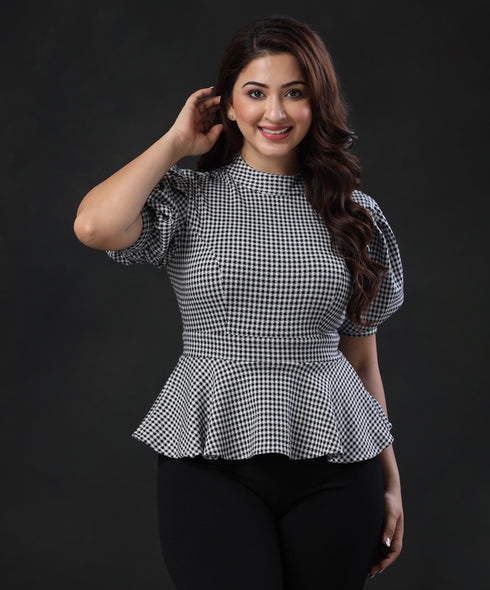 Puffed Sleeve Gingham Peplum Top